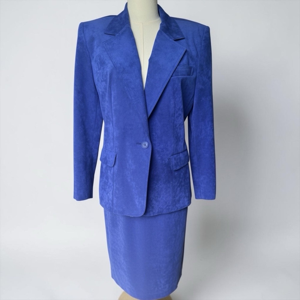 Lilli Ann Ultrasuede Skirt Suit Sapphire Blue Purple Vintage 80s Power Suit